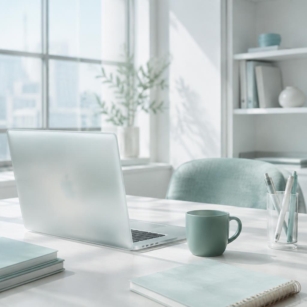 Bright airy workspace with a frosted glass laptop in soft daylight